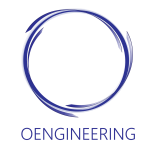 Il logo Oengineering è un cerchio blu scuro con la scritta "OENGINEERING" al di sotto, sempre blu scuro. Il cerchio è leggermente sfumato, creando un effetto di profondità e movimento.